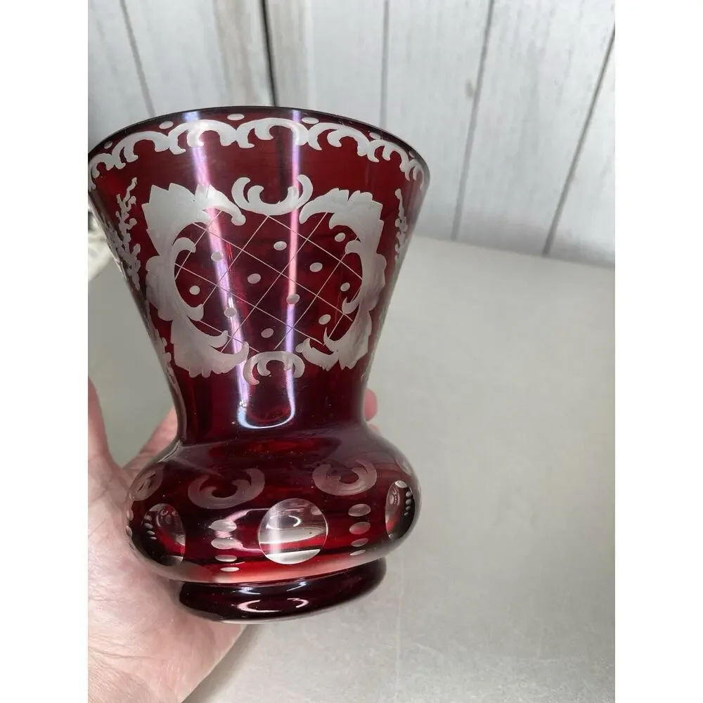 Antique Bohemian glass Vase Ruby red Etched glass Deer Castle Vintage